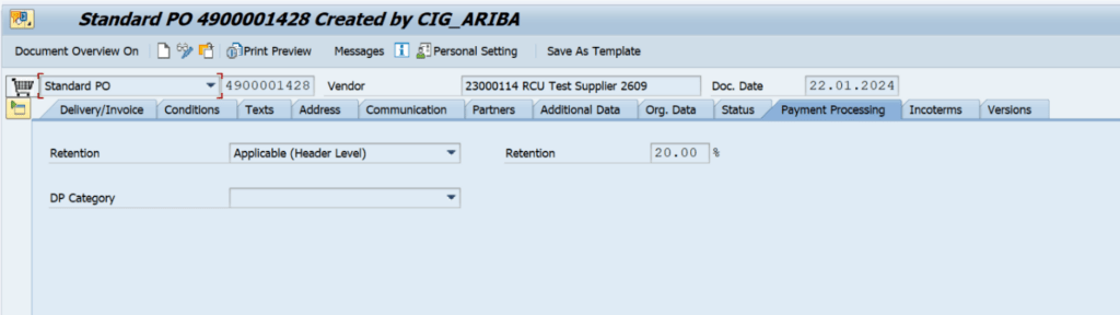 Purchase Order with Header level Retention Type 